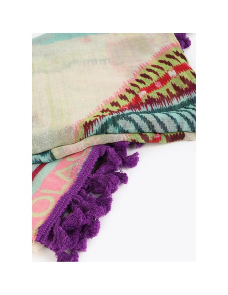 PAREO-MULTICOLOR-DIBUJOS-TROPICALES-FLECOS-MORADOS-LOLA-CASADEMUNT