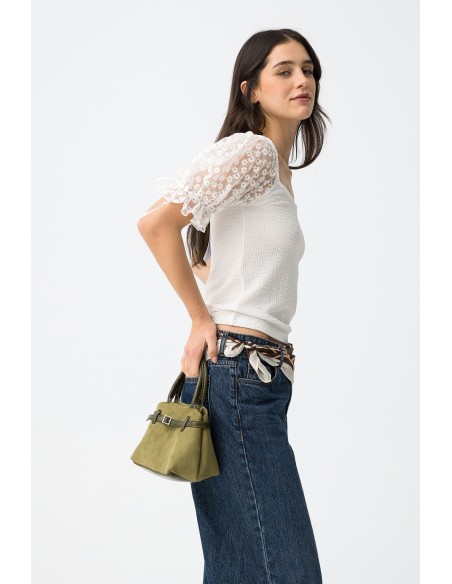 CAMISETA-BLUSA-BLANCA-MANGA-CORTA-CON DETALLE DE ENCAJE FLORAL-SUNFLORA-TIFFOSI