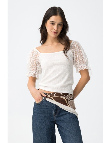 CAMISETA-BLUSA-BLANCA-MANGA-CORTA-CON DETALLE DE ENCAJE FLORAL-SUNFLORA-TIFFOSI