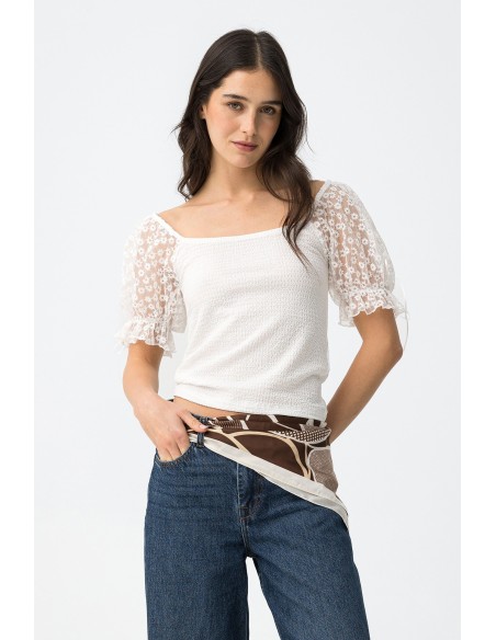 CAMISETA-BLUSA-BLANCA-MANGA-CORTA-CON DETALLE DE ENCAJE FLORAL-SUNFLORA-TIFFOSI