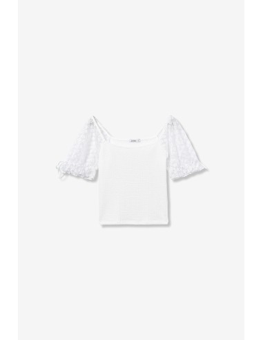 CAMISETA-BLUSA-BLANCA-MANGA-CORTA-CON DETALLE DE ENCAJE FLORAL-SUNFLORA-TIFFOSI