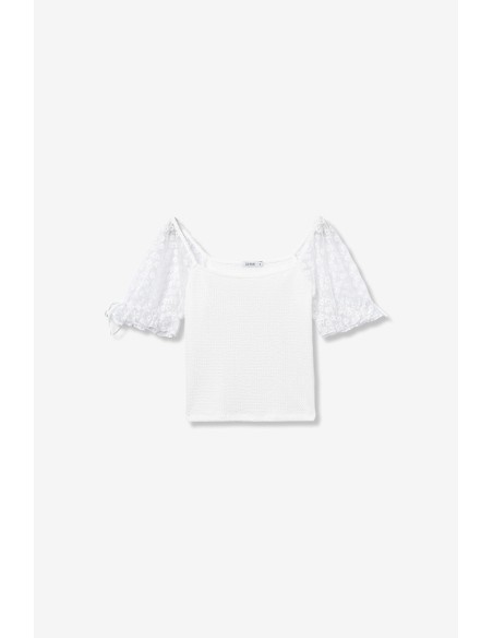CAMISETA-BLUSA-BLANCA-MANGA-CORTA-CON DETALLE DE ENCAJE FLORAL-SUNFLORA-TIFFOSI