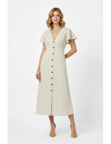 VESTIDO-BEIGE-MIDI-MANGA-CORTA-VOLAMTES-BOTONES-FRONTALES--ABERTURA-ESPALDA-CALITO-TIFFOSI