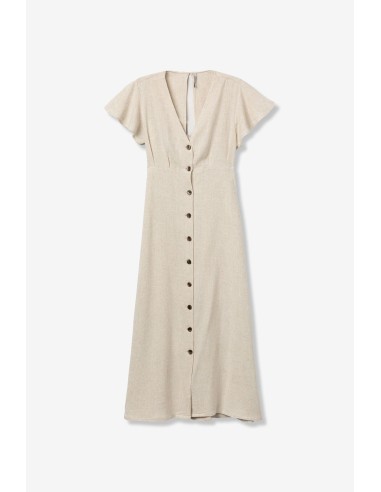 VESTIDO-BEIGE-MIDI-MANGA-CORTA-VOLAMTES-BOTONES-FRONTALES--ABERTURA-ESPALDA-CALITO-TIFFOSI