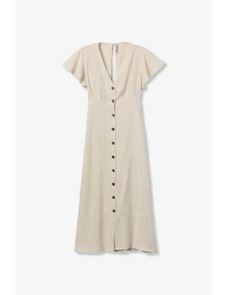 VESTIDO-BEIGE-MIDI-MANGA-CORTA-VOLAMTES-BOTONES-FRONTALES--ABERTURA-ESPALDA-CALITO-TIFFOSI
