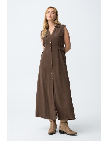 VESTIDO-MARRÓN-CHOCOLATE-TOBILLERO-ABOTONADO-DESMANGADO-CINTURÓN-FAVO-TIFFOSI