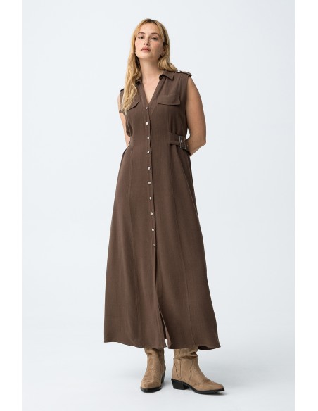 VESTIDO-MARRÓN-CHOCOLATE-TOBILLERO-ABOTONADO-DESMANGADO-CINTURÓN-FAVO-TIFFOSI
