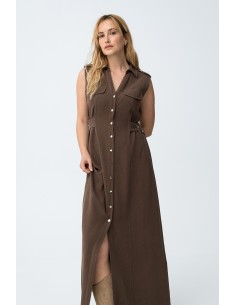 VESTIDO-MARRÓN-CHOCOLATE-TOBILLERO-ABOTONADO-DESMANGADO-CINTURÓN-FAVO-TIFFOSI