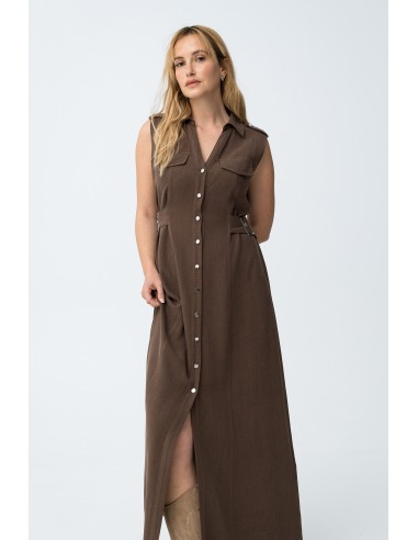 VESTIDO-MARRÓN-CHOCOLATE-TOBILLERO-ABOTONADO-DESMANGADO-CINTURÓN-FAVO-TIFFOSI