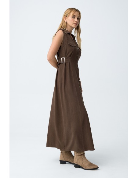 VESTIDO-MARRÓN-CHOCOLATE-TOBILLERO-ABOTONADO-DESMANGADO-CINTURÓN-FAVO-TIFFOSI