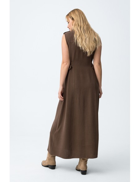 VESTIDO-MARRÓN-CHOCOLATE-TOBILLERO-ABOTONADO-DESMANGADO-CINTURÓN-FAVO-TIFFOSI