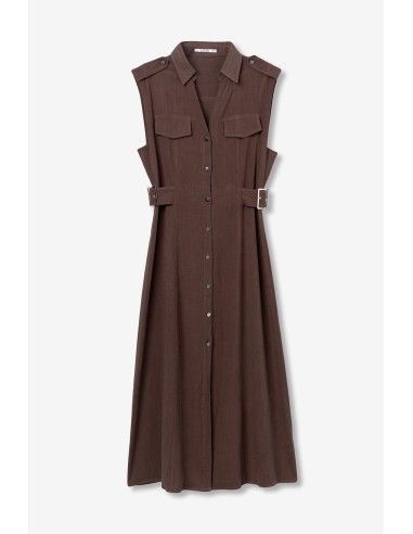 VESTIDO-MARRÓN-CHOCOLATE-TOBILLERO-ABOTONADO-DESMANGADO-CINTURÓN-FAVO-TIFFOSI