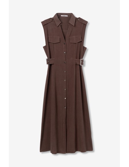VESTIDO-MARRÓN-CHOCOLATE-TOBILLERO-ABOTONADO-DESMANGADO-CINTURÓN-FAVO-TIFFOSI