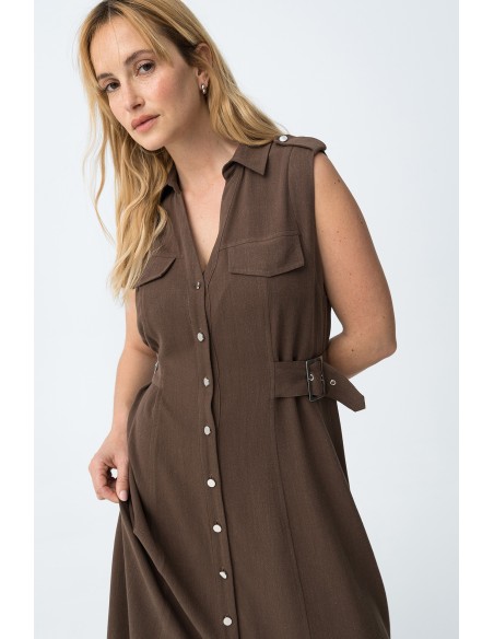 VESTIDO-MARRÓN-CHOCOLATE-TOBILLERO-ABOTONADO-DESMANGADO-CINTURÓN-FAVO-TIFFOSI