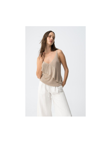 TOP-BEIGE-BRILLO-LUREX-CUELLO-PICO-VOLANTE-FRONTAL-TIRANTES-FINOS-ORQUIDEA-TIFFOSI