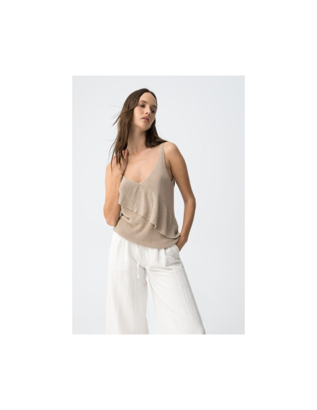 TOP-BEIGE-BRILLO-LUREX-CUELLO-PICO-VOLANTE-FRONTAL-TIRANTES-FINOS-ORQUIDEA-TIFFOSI
