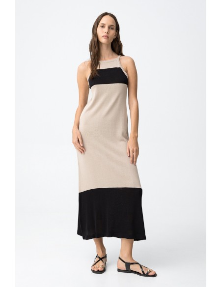 VESTIDO-SIN-MANGAS-BICOLOR-BEIGE-NEGRO--CORTE-SUELTO-COMPANY-TIFFOSI