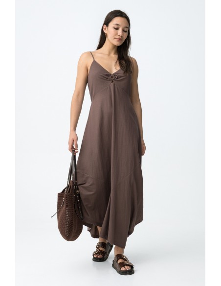 VESTIDO-MARRÓN-TIRANTES-FINOS-REGULABLES-ESCOTE-FRUNCIDO-AGGRON-TIFFOSI