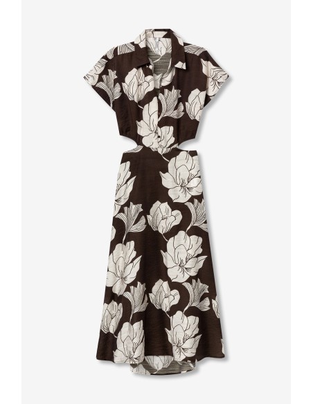 VESTIDO-LARGO-CHOCOLATE-FLORES-BEIGE-ABERTURAS-LATERALES-ESPALDA-CUELLO-PICO-CORNETO-TIFFOSI