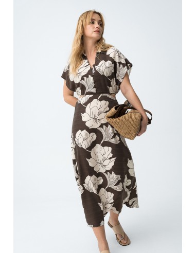 VESTIDO-LARGO-CHOCOLATE-FLORES-BEIGE-ABERTURAS-LATERALES-ESPALDA-CUELLO-PICO-CORNETO-TIFFOSI
