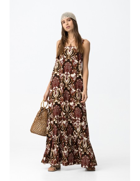 VESTIDO-LARGO-ESTAMPADO-MARRÓN-BEIGE-ADORNOS-TIRANTES-MARGARIDA-TIFFOSI