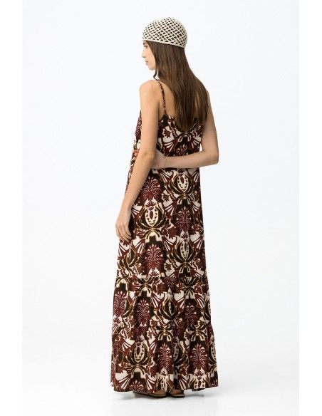 VESTIDO-LARGO-ESTAMPADO-MARRÓN-BEIGE-ADORNOS-TIRANTES-MARGARIDA-TIFFOSI
