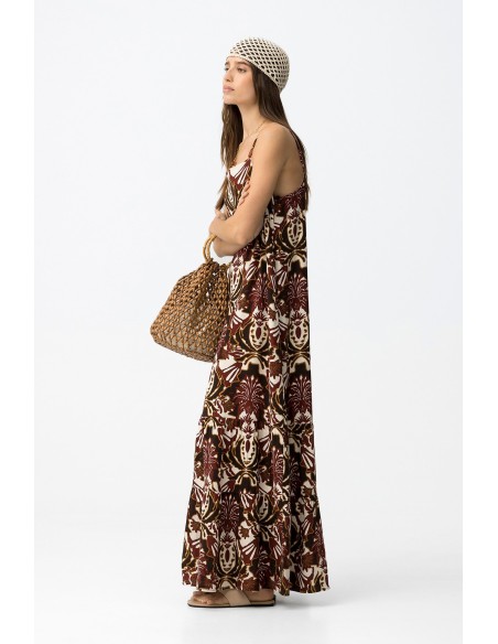 VESTIDO-LARGO-ESTAMPADO-MARRÓN-BEIGE-ADORNOS-TIRANTES-MARGARIDA-TIFFOSI