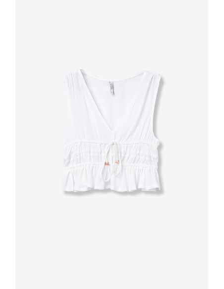 TOP-BLANCO-SIN-MANGAS-CUELLO-PICO-FRUNCIDO-VOLANTE-LAZO-FRONTAL-CAMPONESA-TIFFOSI