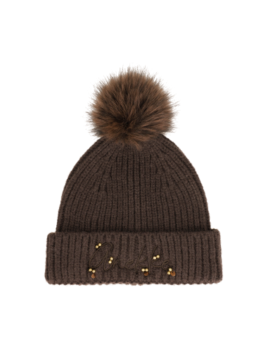 GORRO-PUNTO-MARRÓN-ADORNOS-FRONTAL-POMPÓN-ANEKKE
