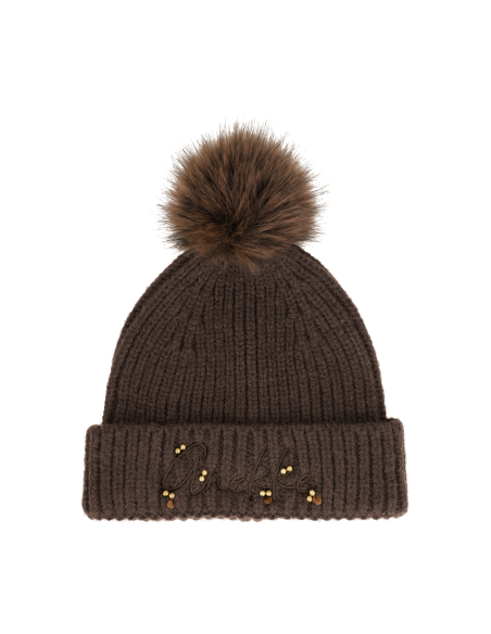 GORRO-PUNTO-MARRÓN-ADORNOS-FRONTAL-POMPÓN-ANEKKE