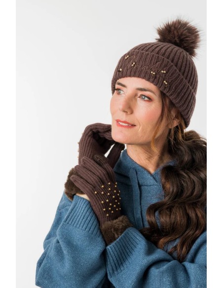 GUANTES-PUNTO-MARRÓN-ADORNOS-SUPERIOR-PUÑIS-EFECTO-PIEL-ANEKKE