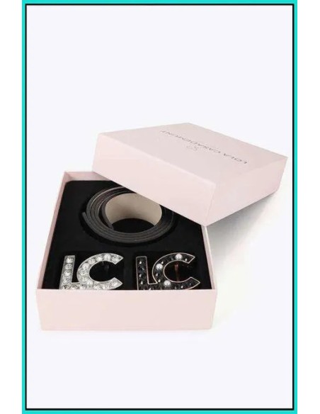 PACK-CINTURÓN-REVERSIBLE-NEGRO-PERLAS CRUDO-CRISTALES-HEBILLAS-INTERCAMBIABLES-LOLA-CASADEMUNT
