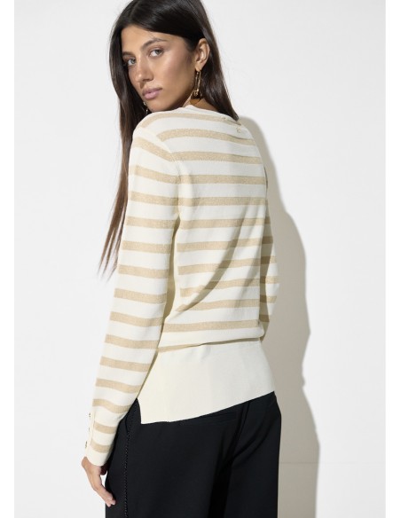 JERSEY-CRUDO-RAYAS-DORADO-LUREX-PIN-FRONTAL-LOLA-CASADEMUNT