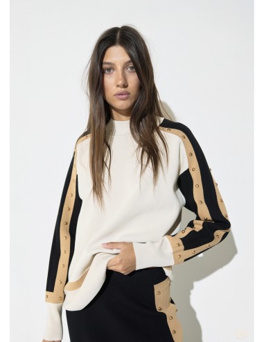 JERSEY-TRICOLOR-NEGRO-MARRÓN-CRUDO-CUELLO-CISNE-TACHUELAS-LOLA-CASADEMUNT