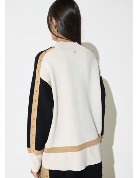 JERSEY-TRICOLOR-NEGRO-MARRÓN-CRUDO-CUELLO-CISNE-TACHUELAS-LOLA-CASADEMUNT