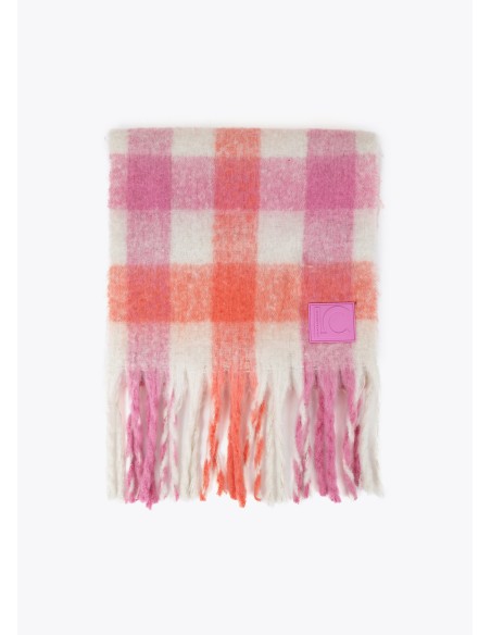 BUFANDA-MULTI-CUADROS-FLECOS-ROSA-NARANJA-CRUDO-LOLA-CASADEMUNT