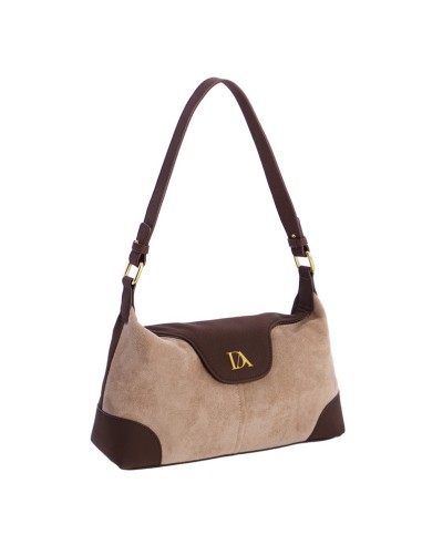 BOLSO-TAUPE-COMBINADO-MARRÓN-CIERRE SOLAPA-COMPARTIMENTO-TRASERO-LOGO-DORADO-LOGO-DORADO-ELLIE-DON-ALGODÓN