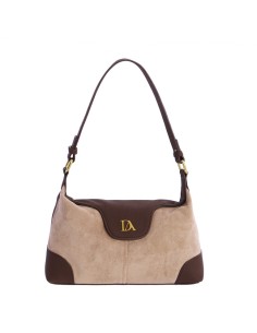 BOLSO-TAUPE-COMBINADO-MARRÓN-CIERRE SOLAPA-COMPARTIMENTO-TRASERO-LOGO-DORADO-LOGO-DORADO-ELLIE-DON-ALGODÓN