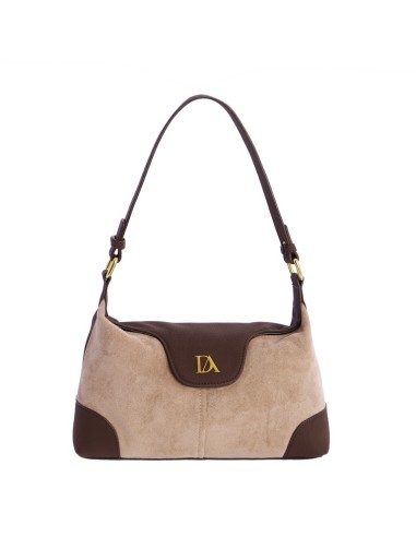 BOLSO-TAUPE-COMBINADO-MARRÓN-CIERRE SOLAPA-COMPARTIMENTO-TRASERO-LOGO-DORADO-LOGO-DORADO-ELLIE-DON-ALGODÓN