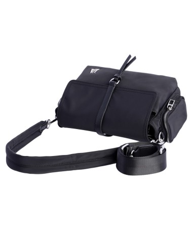 BOLSO-BANDOLERA-NEGRA-NYLON-CIERRE-CREMALLERA-SOLAPA-COMPARTIMENTOS-LATERALES-TRASERO-DON-ALGODÓN