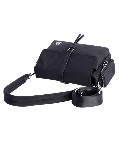 BOLSO-BANDOLERA-NEGRA-NYLON-CIERRE-CREMALLERA-SOLAPA-COMPARTIMENTOS-LATERALES-TRASERO-DON-ALGODÓN
