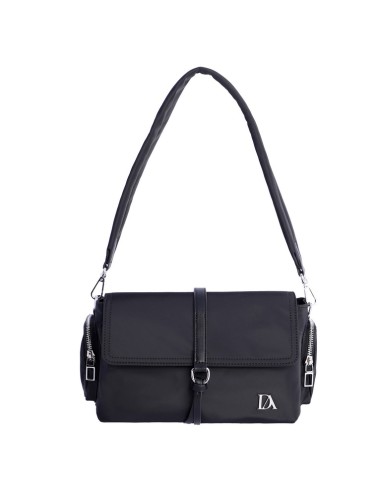 BOLSO-BANDOLERA-NEGRA-NYLON-CIERRE-CREMALLERA-SOLAPA-COMPARTIMENTOS-LATERALES-TRASERO-DON-ALGODÓN