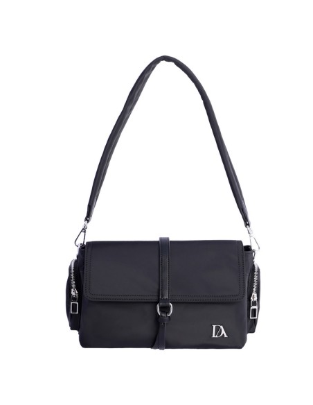 BOLSO-BANDOLERA-NEGRA-NYLON-CIERRE-CREMALLERA-SOLAPA-COMPARTIMENTOS-LATERALES-TRASERO-DON-ALGODÓN