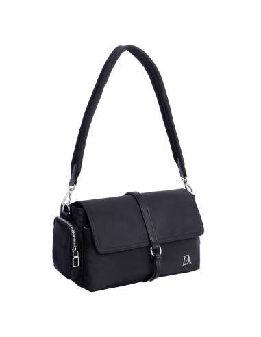 BOLSO-BANDOLERA-NEGRA-NYLON-CIERRE-CREMALLERA-SOLAPA-COMPARTIMENTOS-LATERALES-TRASERO-DON-ALGODÓN