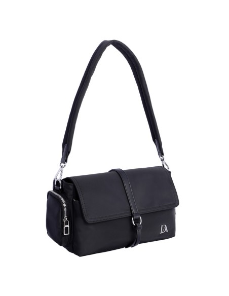 BOLSO-BANDOLERA-NEGRA-NYLON-CIERRE-CREMALLERA-SOLAPA-COMPARTIMENTOS-LATERALES-TRASERO-DON-ALGODÓN