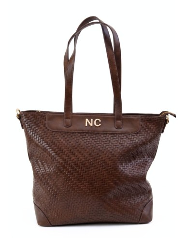BOLSO-TOTE-TRENZADO-MARRÓN-ASAS-HOMBRO-COMPARTIMENTO-TRASERO-NOCO-COMPLEMENTOS