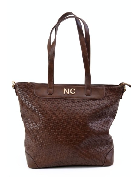 BOLSO-TOTE-TRENZADO-MARRÓN-ASAS-HOMBRO-COMPARTIMENTO-TRASERO-NOCO-COMPLEMENTOS