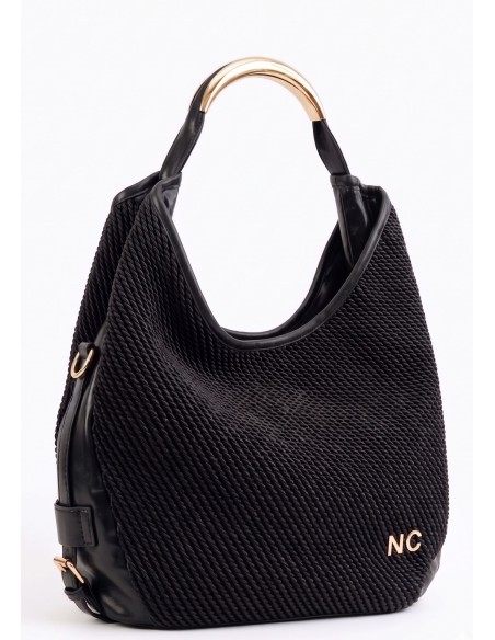 BOLSO-HOBO-TEXTURIZADO-ASA-METÁLICA-DORADA-COMPARTIMENTO-TRASERO-NOCO-COMPLEMENTOS