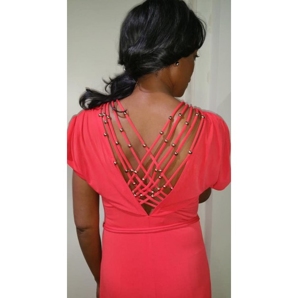 VESTIDO CORAL LARGO CON ESPALDA CRUZADA DE LOLA...